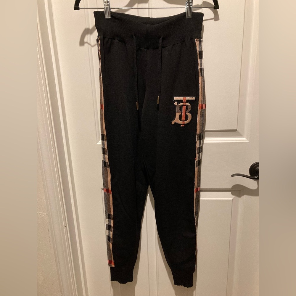 Burberry Monogram Joggers, black with classic plaid side stripes, sz medium